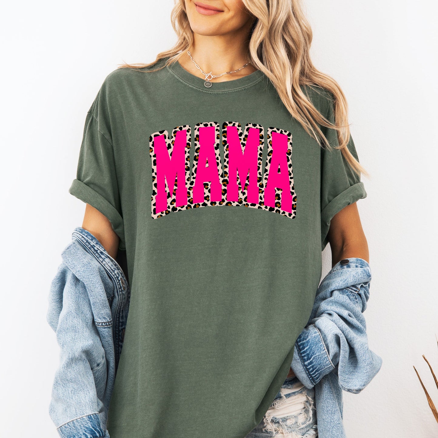 Mama, Pink Leopard Print, Retro, Varsity, Mother's Day Tshirt Comfort Colors T-Shirt