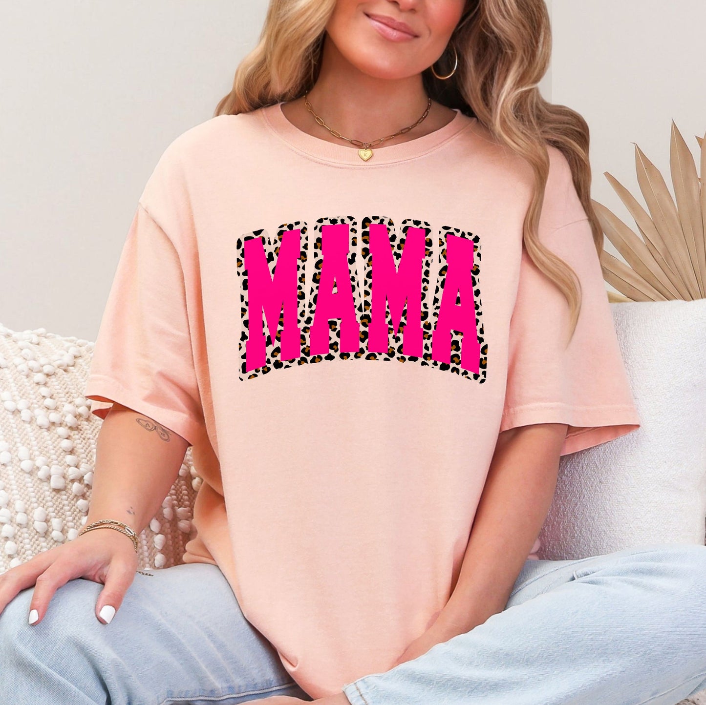 Mama, Pink Leopard Print, Retro, Varsity, Mother's Day Tshirt Comfort Colors T-Shirt