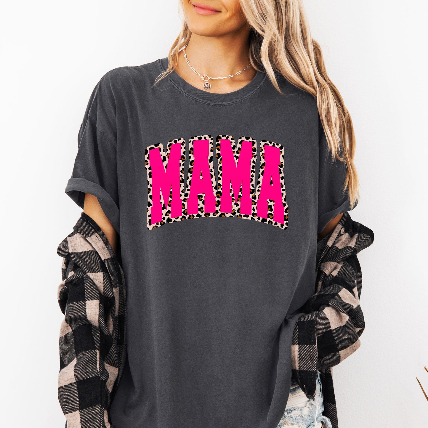 Mama, Pink Leopard Print, Retro, Varsity, Mother's Day Tshirt Comfort Colors T-Shirt