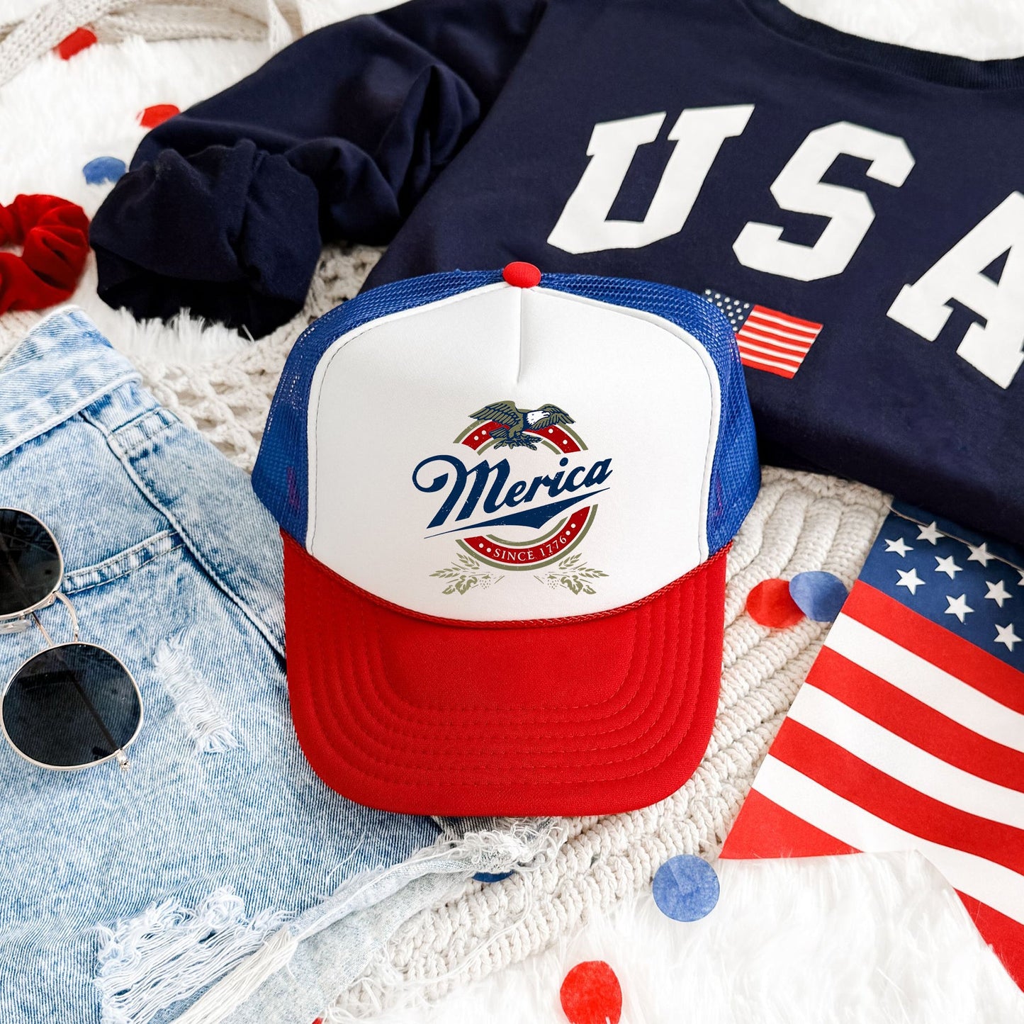 Merica, Beer, Patriotic, Snapback Trucker Hat