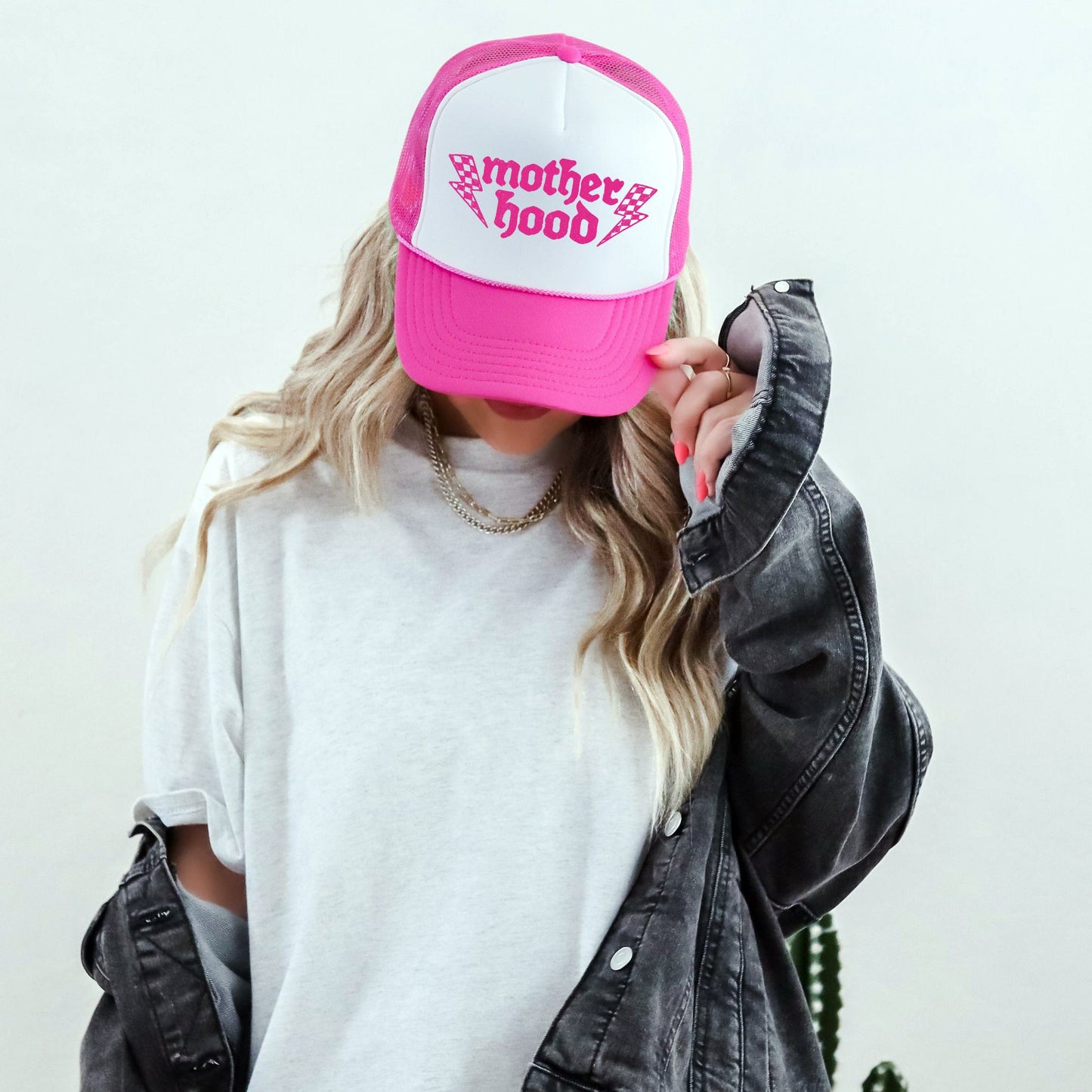 Mother Hood, Lightning Bolt, Sassy, Funny, Bright Pink Snapback Trucker Hat