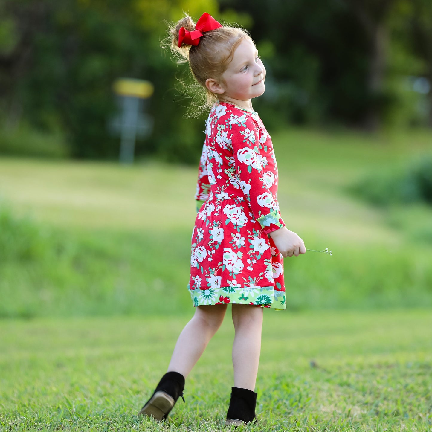 AnnLoren Girls Boutique Christmas Floral Long Sleeve Cotton Party Dress
