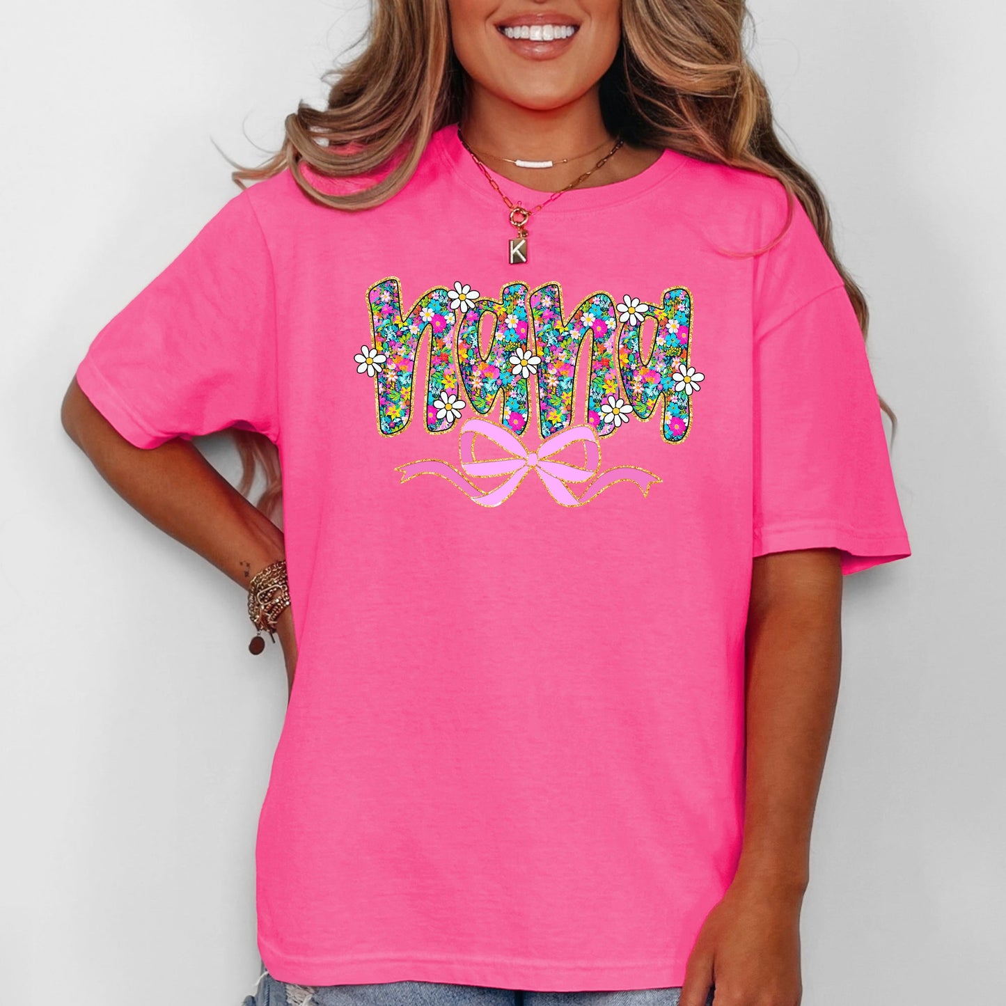 Nana, Mother's Day, Ribbon, Bow, Floral, Flowers, Bright, Colorful, Pastels Tshirt Comfort Colors T-Shirt