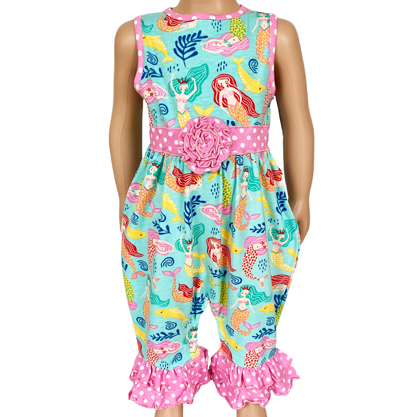 AnnLoren Baby Girls' Boutique Nautical Mermaid Sea Creatures Polka Dot Romper