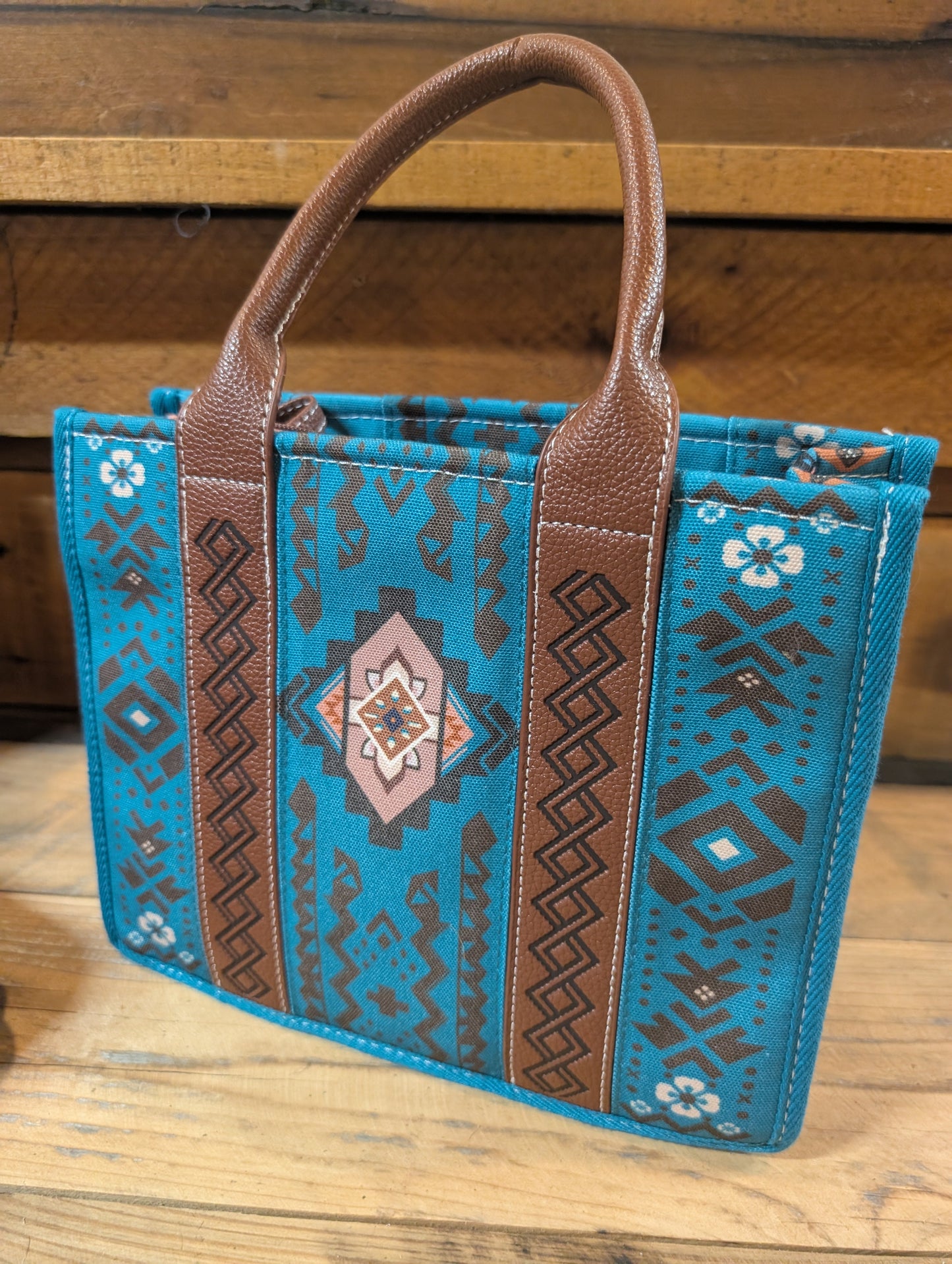 Western Aztec Tote Purse with Matching Wristlet – Teal & Brown | Last One!
