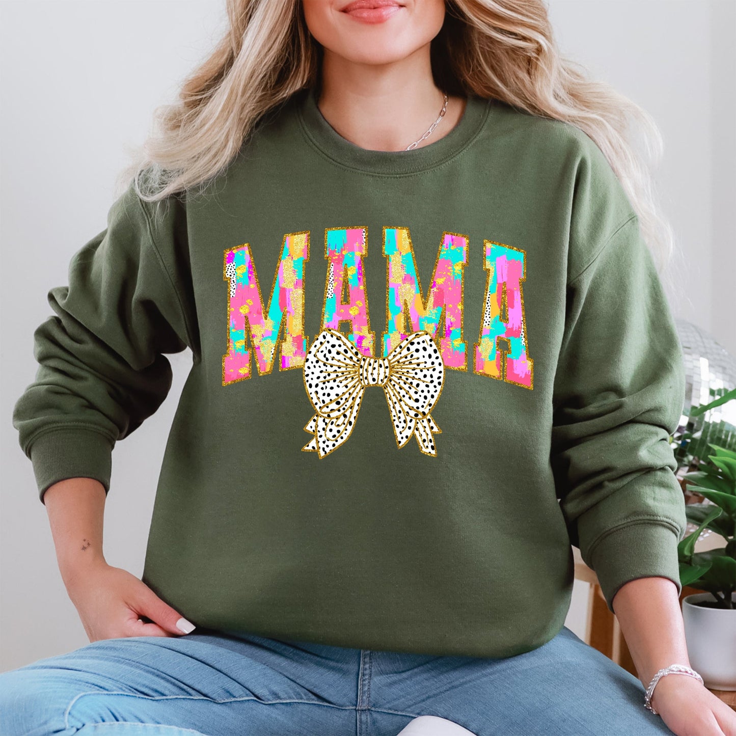 Painted Mama, Dalmatian Print, Bow, Ribbon, Coquette, Mother's Day Sweatshirt