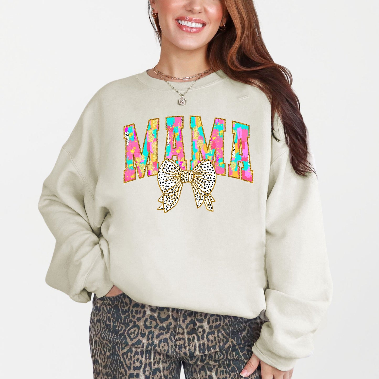 Painted Mama, Dalmatian Print, Bow, Ribbon, Coquette, Mother's Day Sweatshirt