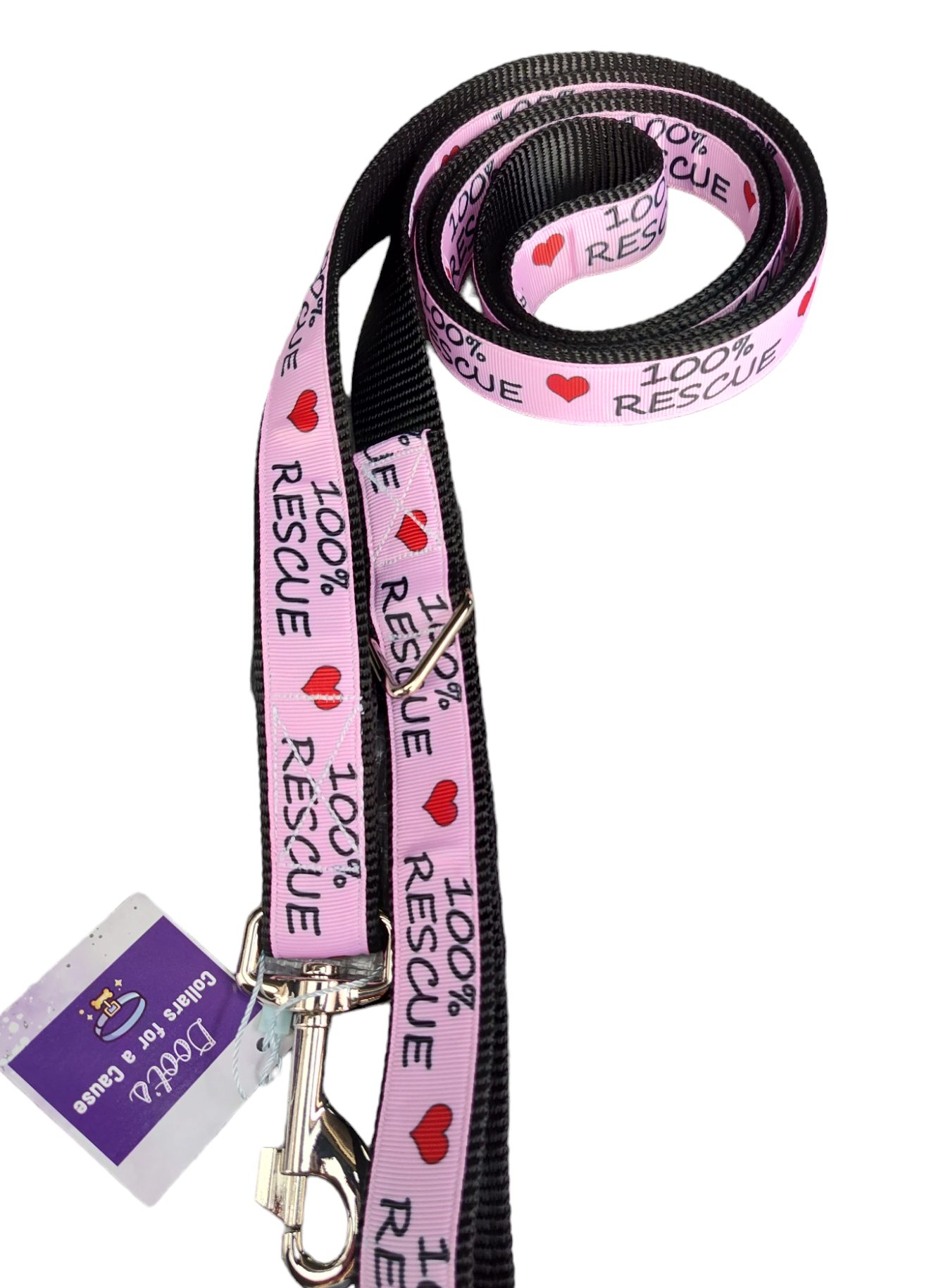 100% Rescue Black Nylon Dog Collar MD, LG, XL, Leash