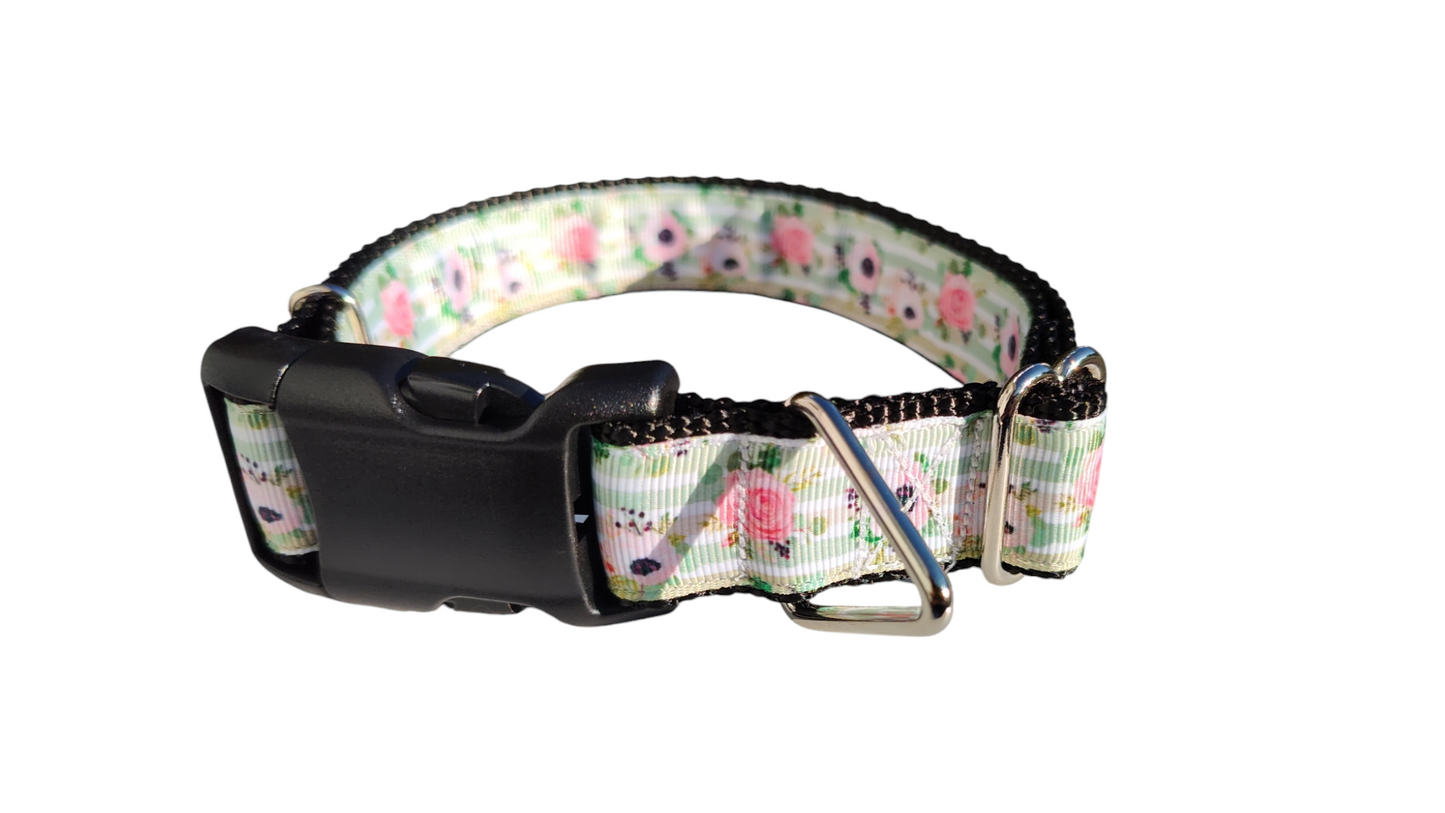 Flowers on Mint Stripes Nylon Dog Collar