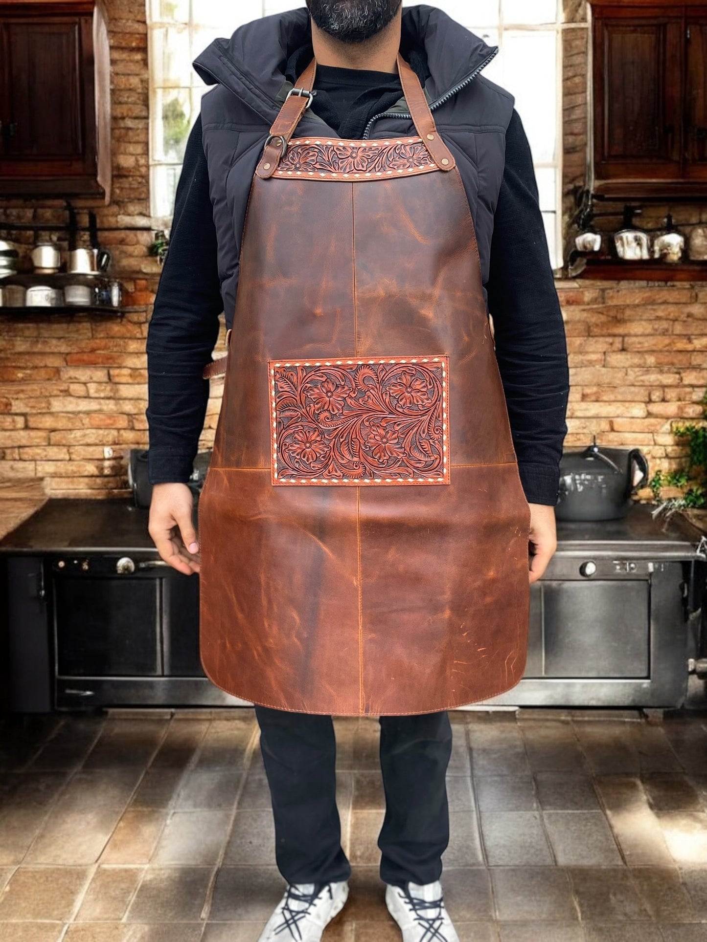 Apron Tooled Rustic Leather Unisex