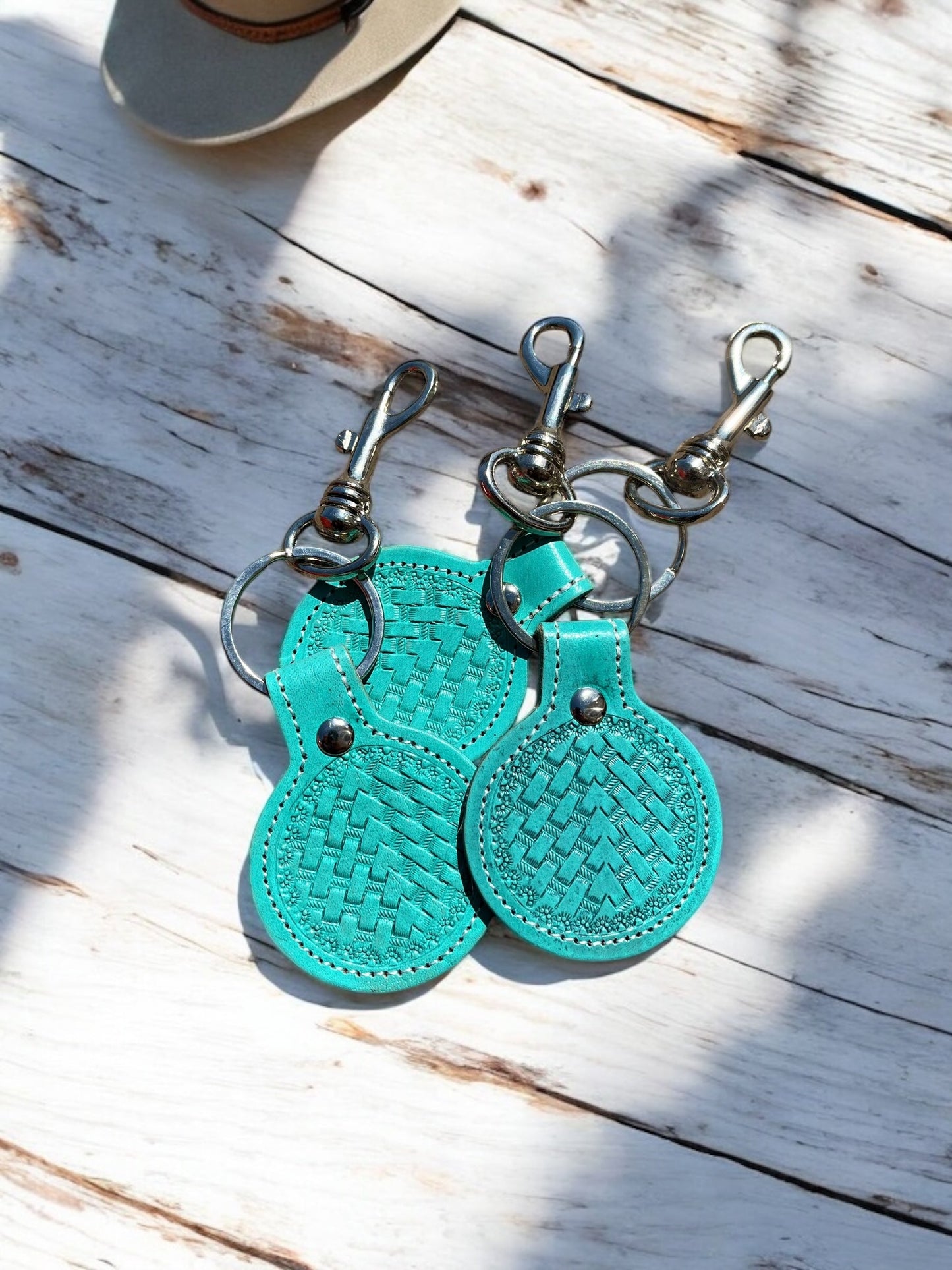 Turquoise Tooled Leather & Cowhide Keychains