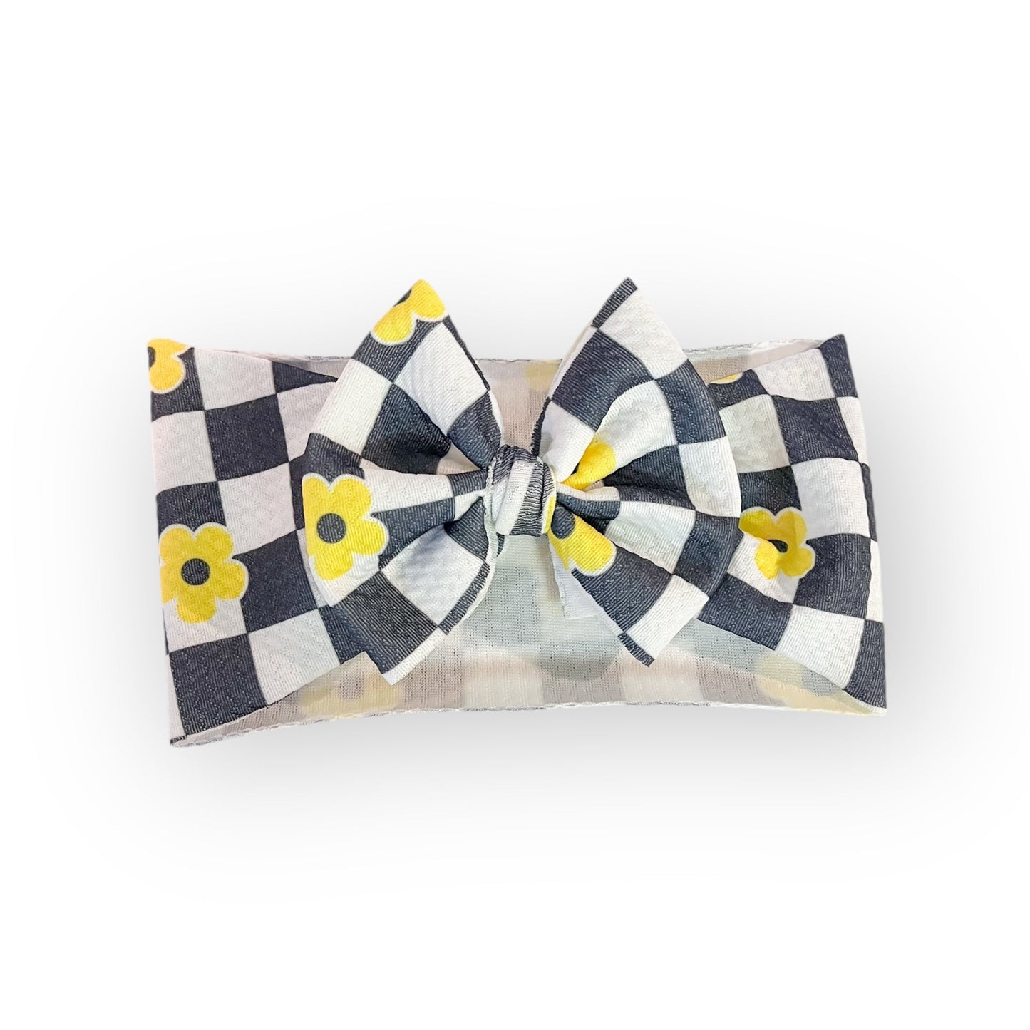 Checkered Yellow Flower Headwrap Bow