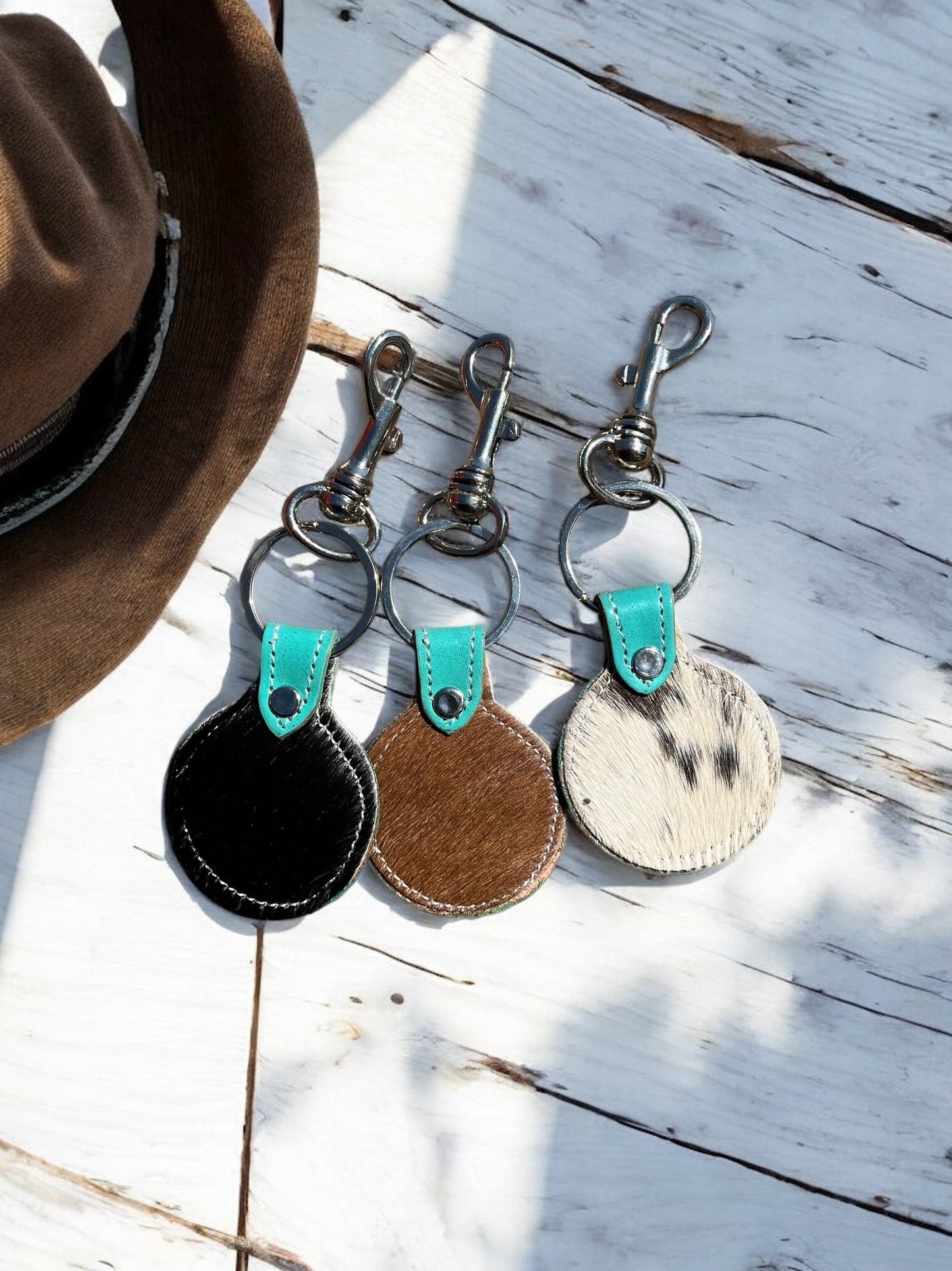 Turquoise Tooled Leather & Cowhide Keychains