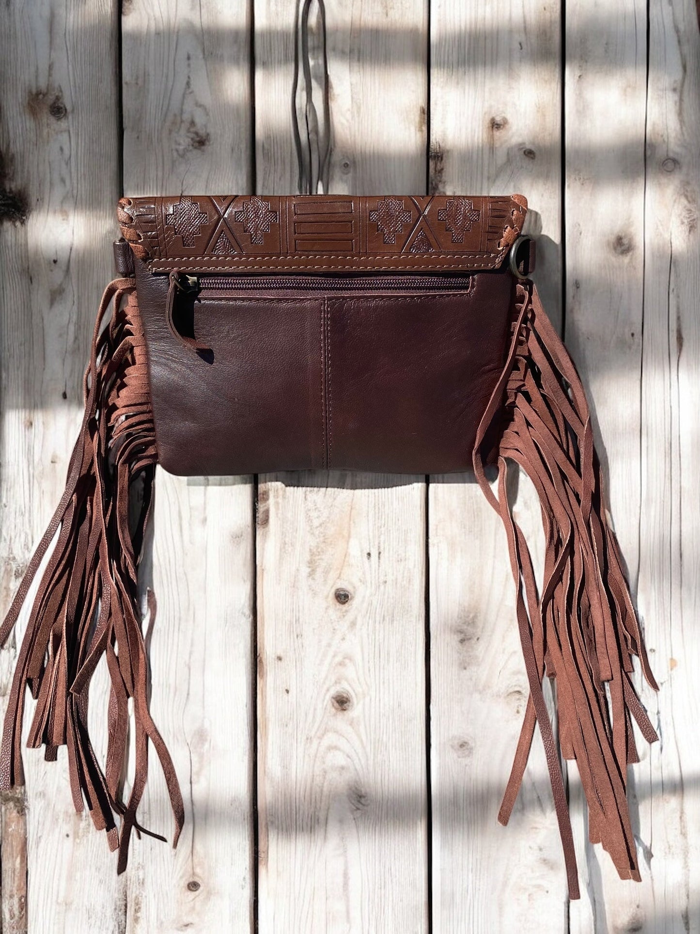 Aztec Cowhide Brown Tooled Crossbody Fringe