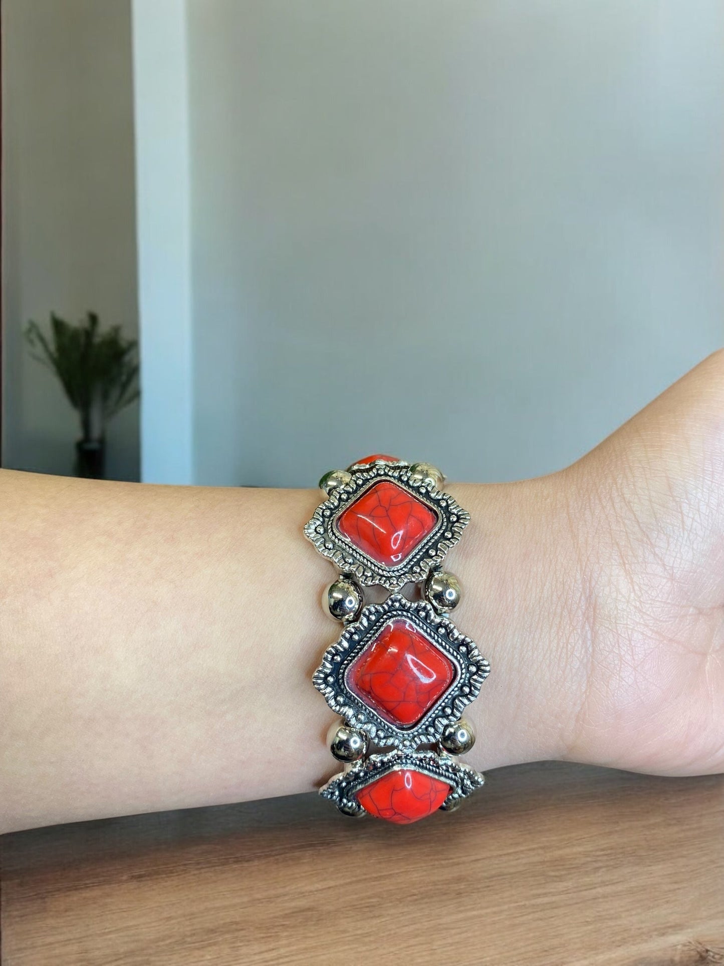 Western Red Southwest Aztec Silver Bracelet