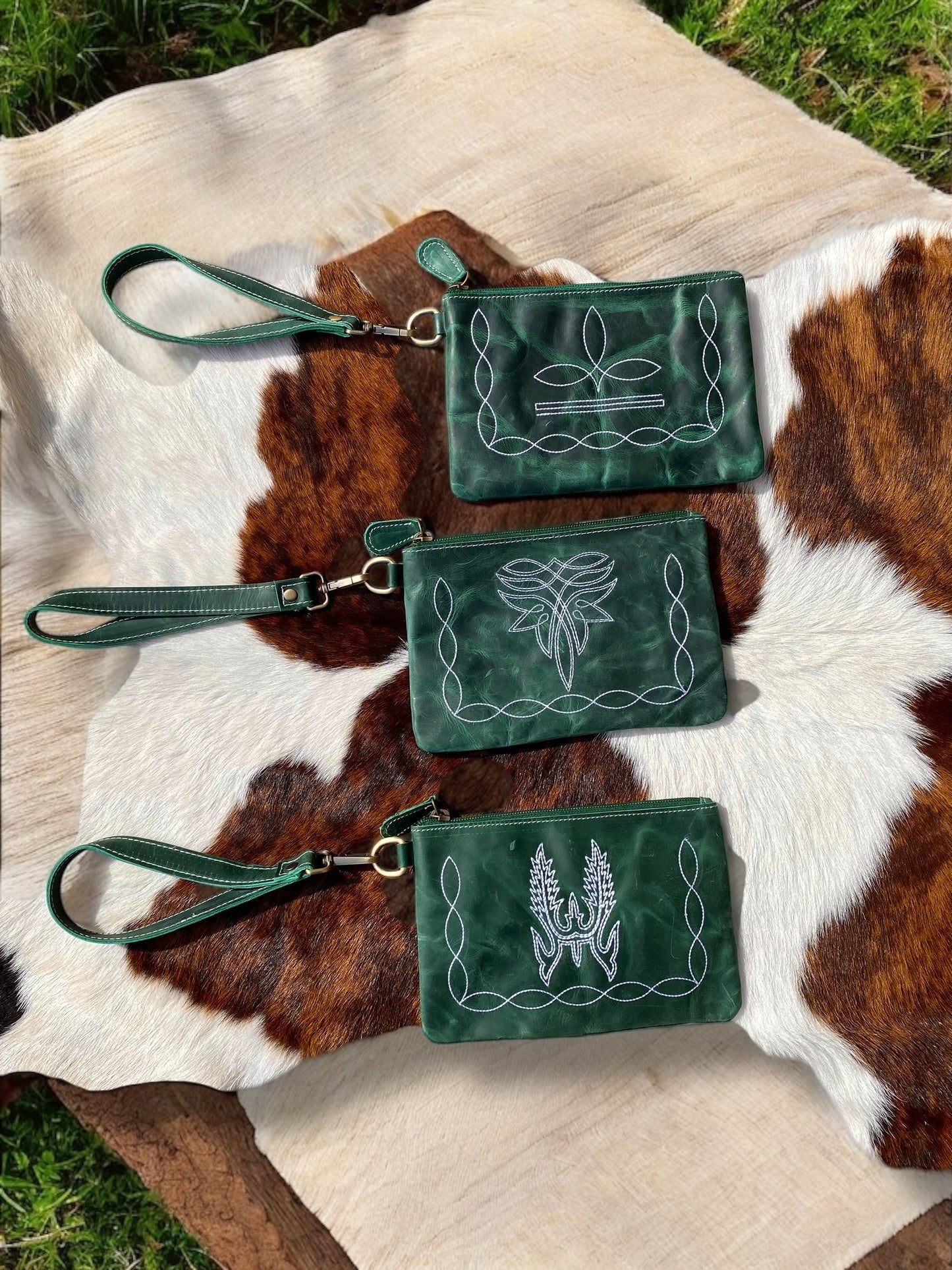 Emerald Boot-Stitch III Tooled Rustic Leather Wristlet