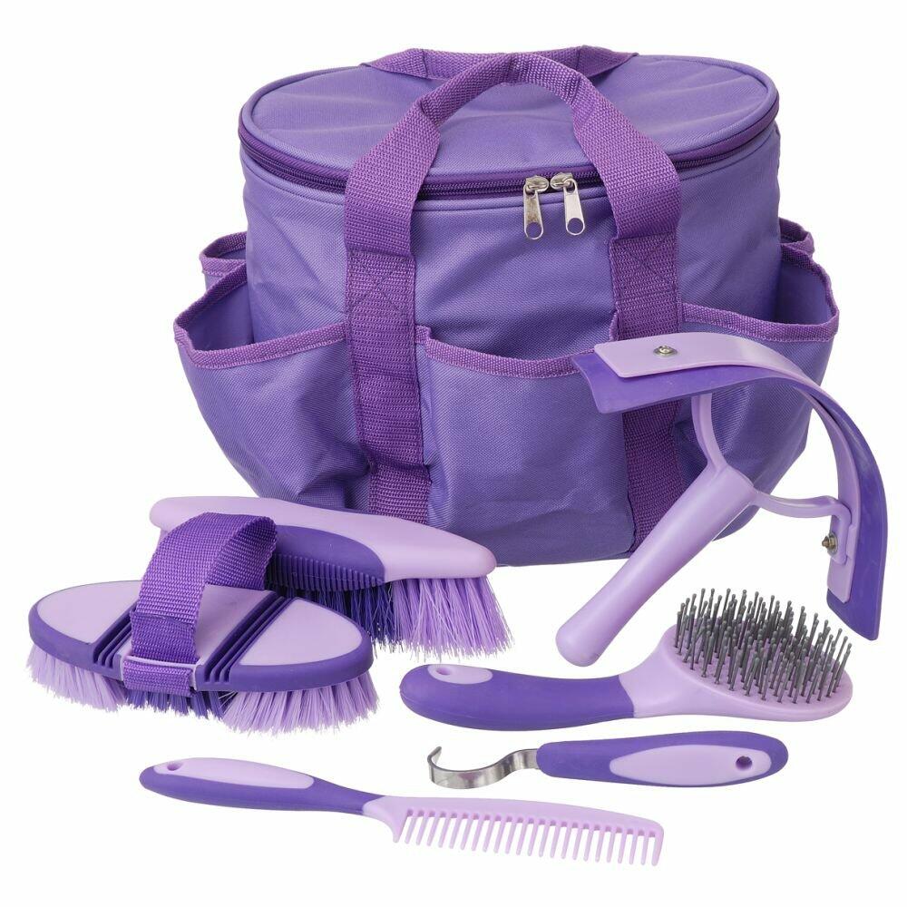 Tough1 Great Grips 6-Piece Grooming Set with Tote Bag – Ergonomic Horse Brush Kit (Purple)