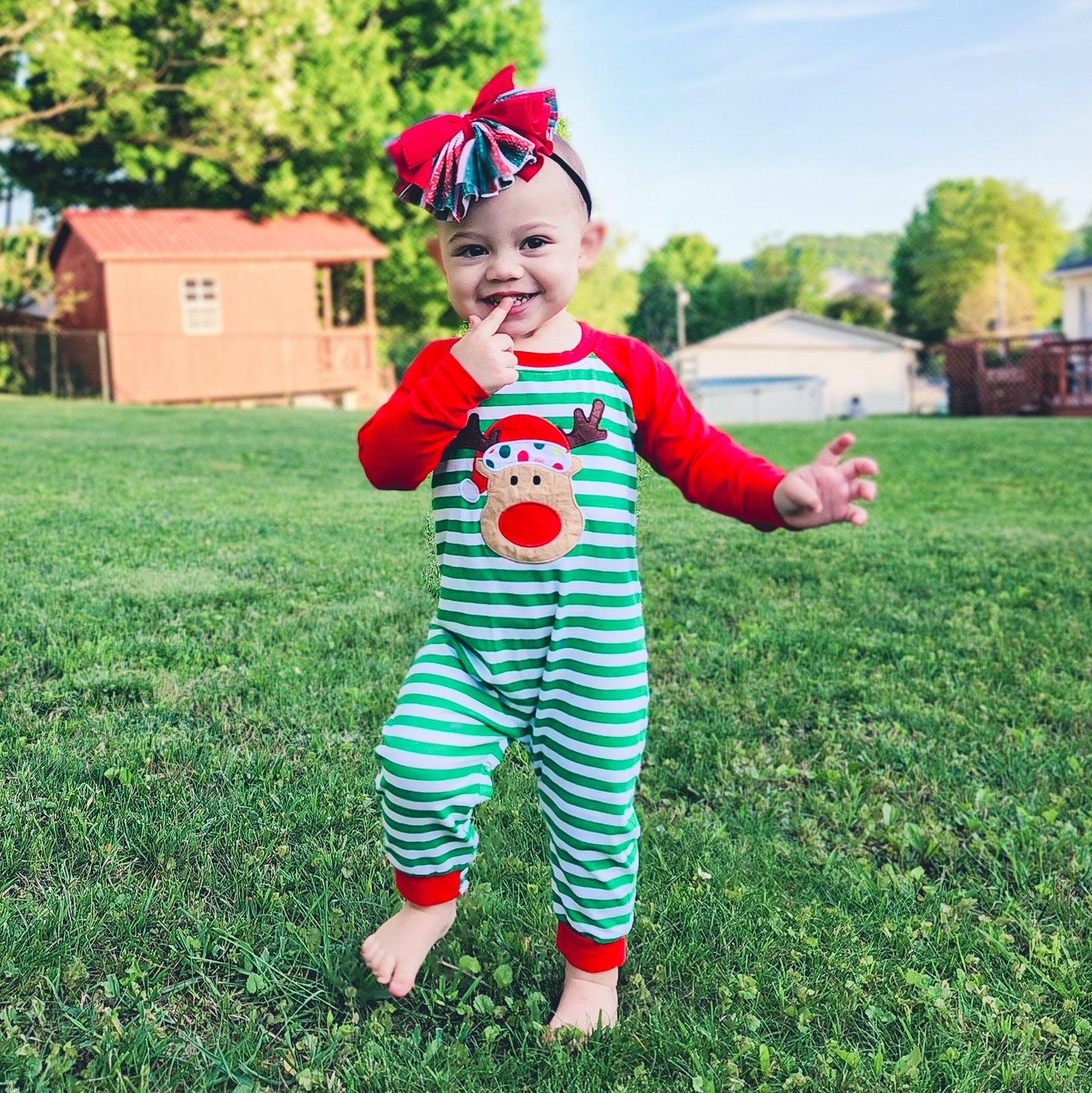 AnnLoren Baby Toddler Boys Unisex Long Sleeve Rudolf the Reindeer Christmas Romper