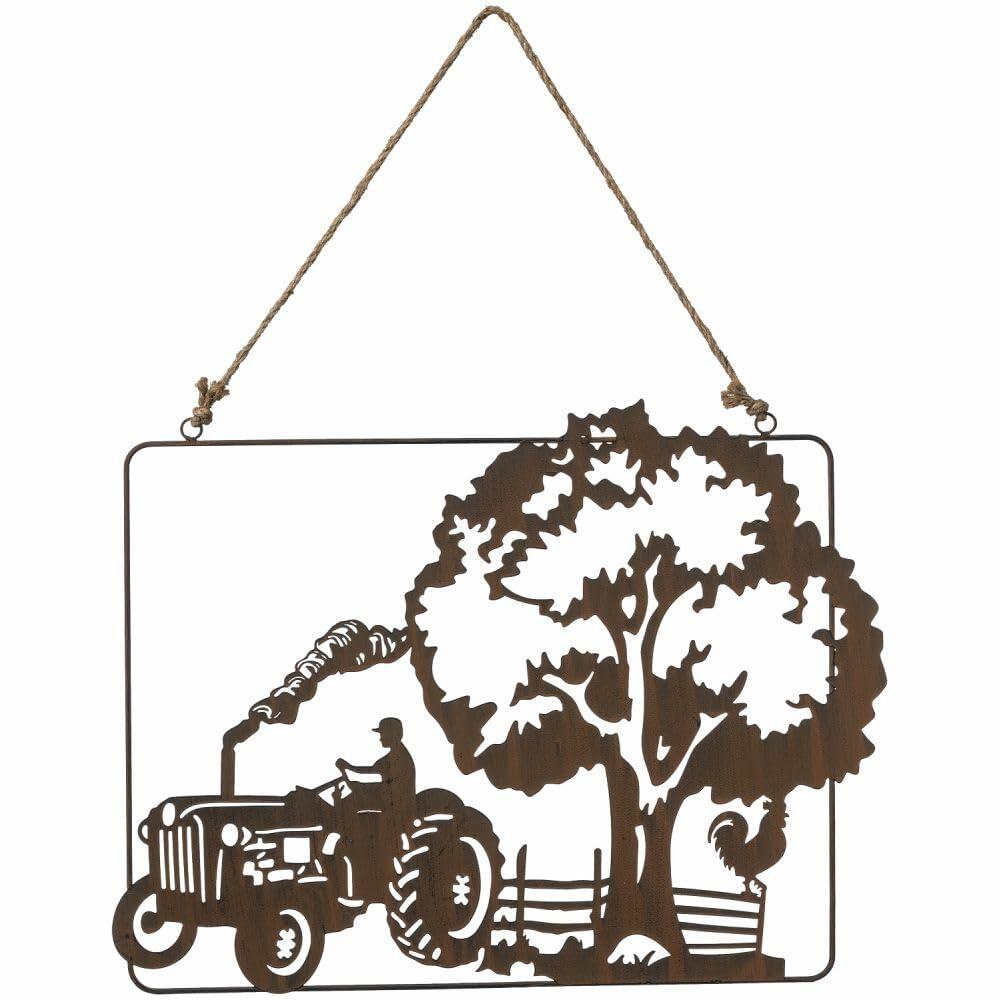 Rustic Tractor Scene Metal Wall Décor with Rope Hanger – Country Farmhouse Style