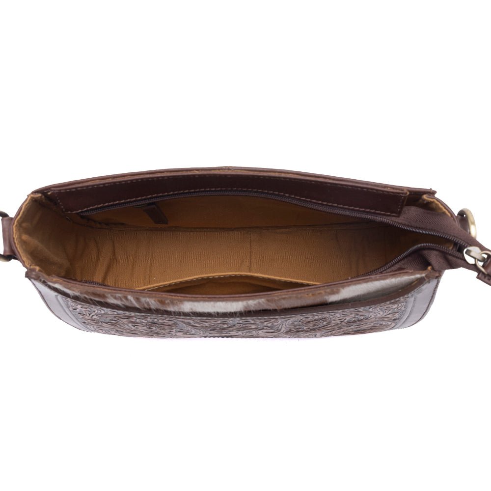 Myra Copper Crest Handtooled Hairon Leather Clutch in Saddle Walnut