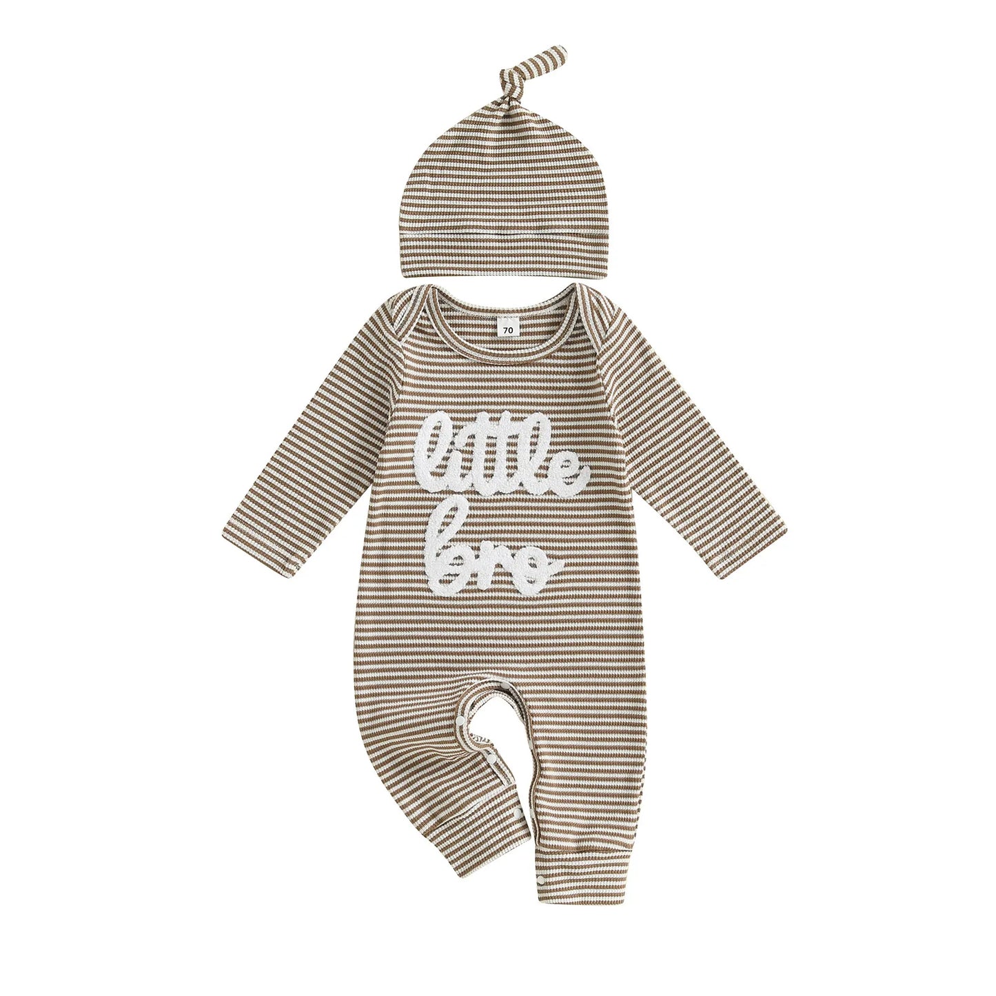 Baby Boys Autumn Striped Jumpsuit Long Sleeve Crewneck Letter Embroidery Romper with Hat