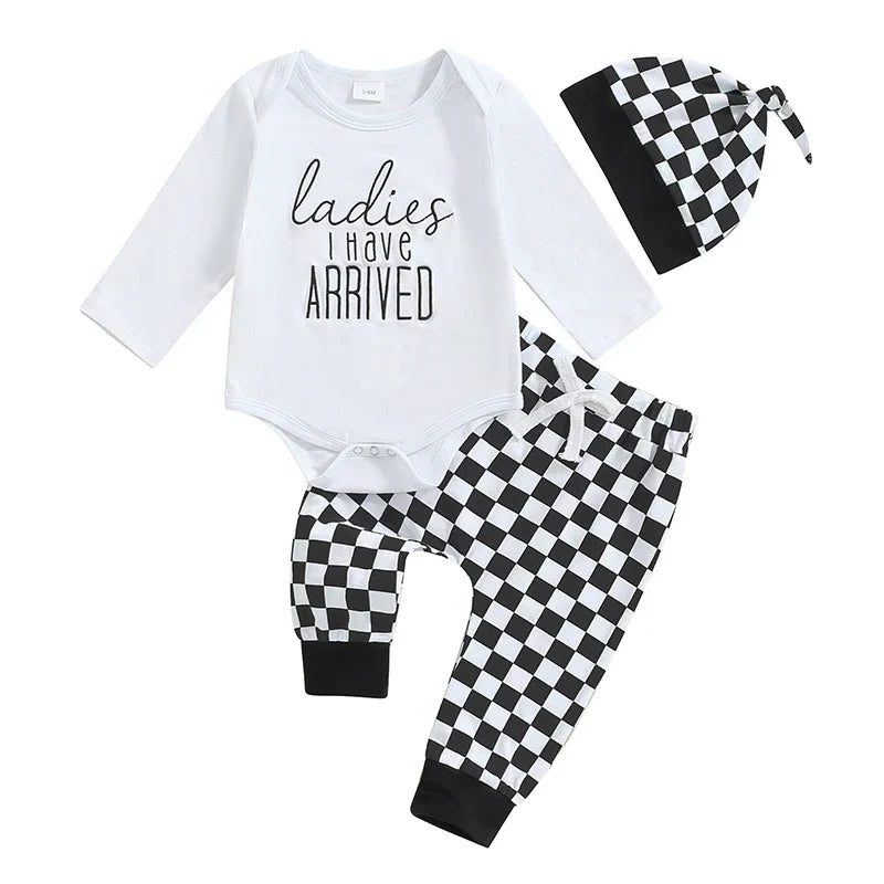 Baby Boy 3Pcs Fall Outfit New To The Crew / Hi I'm New Here / Ladies I Have Arrived Letter Print Long Sleeve Romper and Elastic Checker Pants Beanie Hat Set