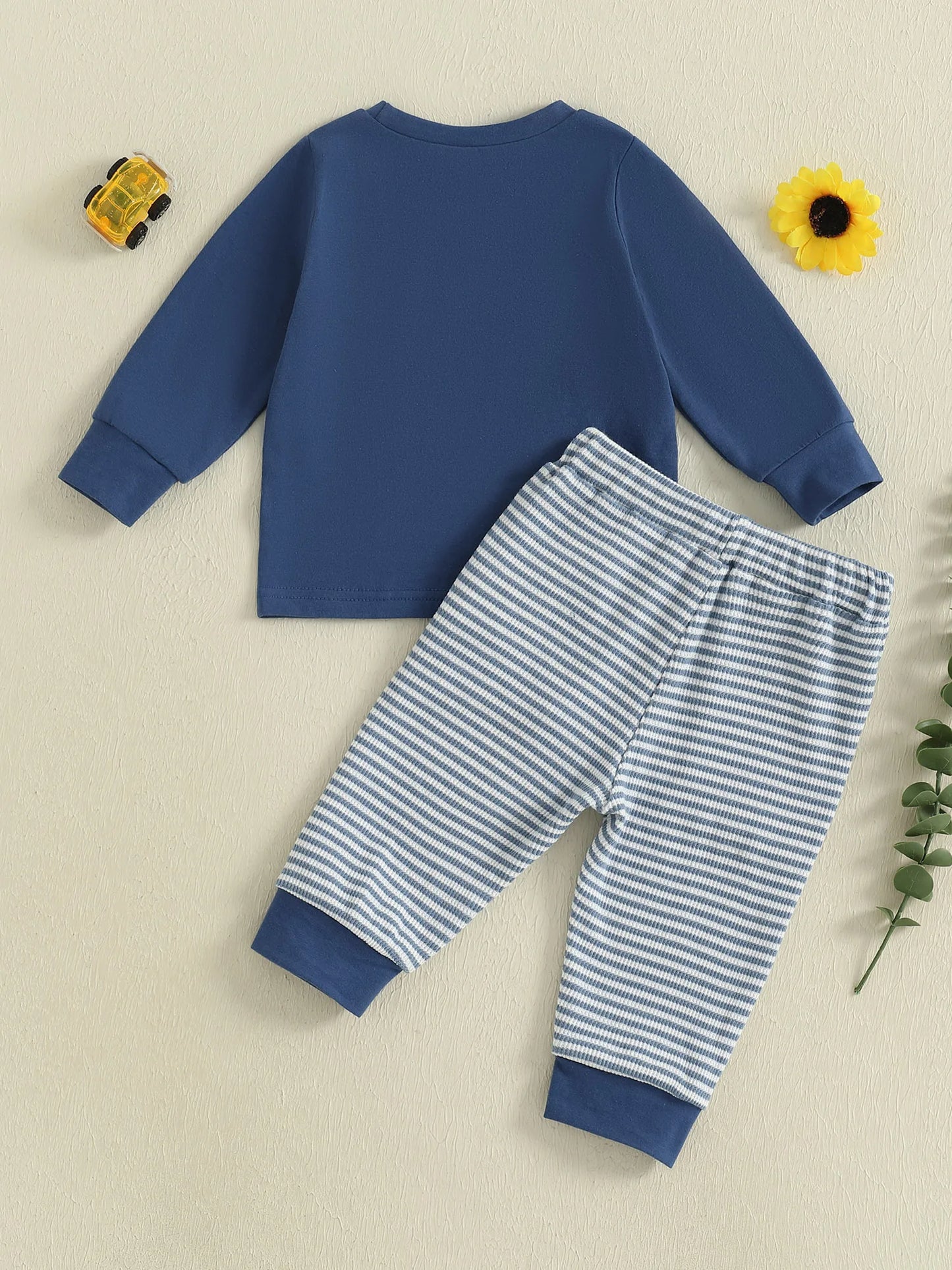 Baby Toddler Boys 2Pcs Outfit Car Embroidery Long Sleeve Top and Stripe Long Pants Clothes Set
