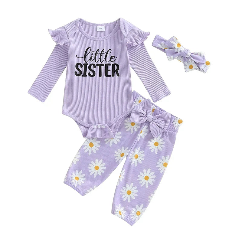 Baby Girls 3Pcs Little Sister Fall Outfit Letter Print Long Sleeve Romper with Daisy Flower Pattern Pants and Headband Set