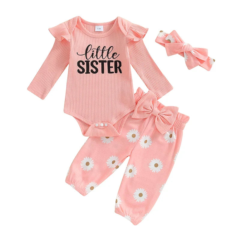Baby Girls 3Pcs Little Sister Fall Outfit Letter Print Long Sleeve Romper with Daisy Flower Pattern Pants and Headband Set