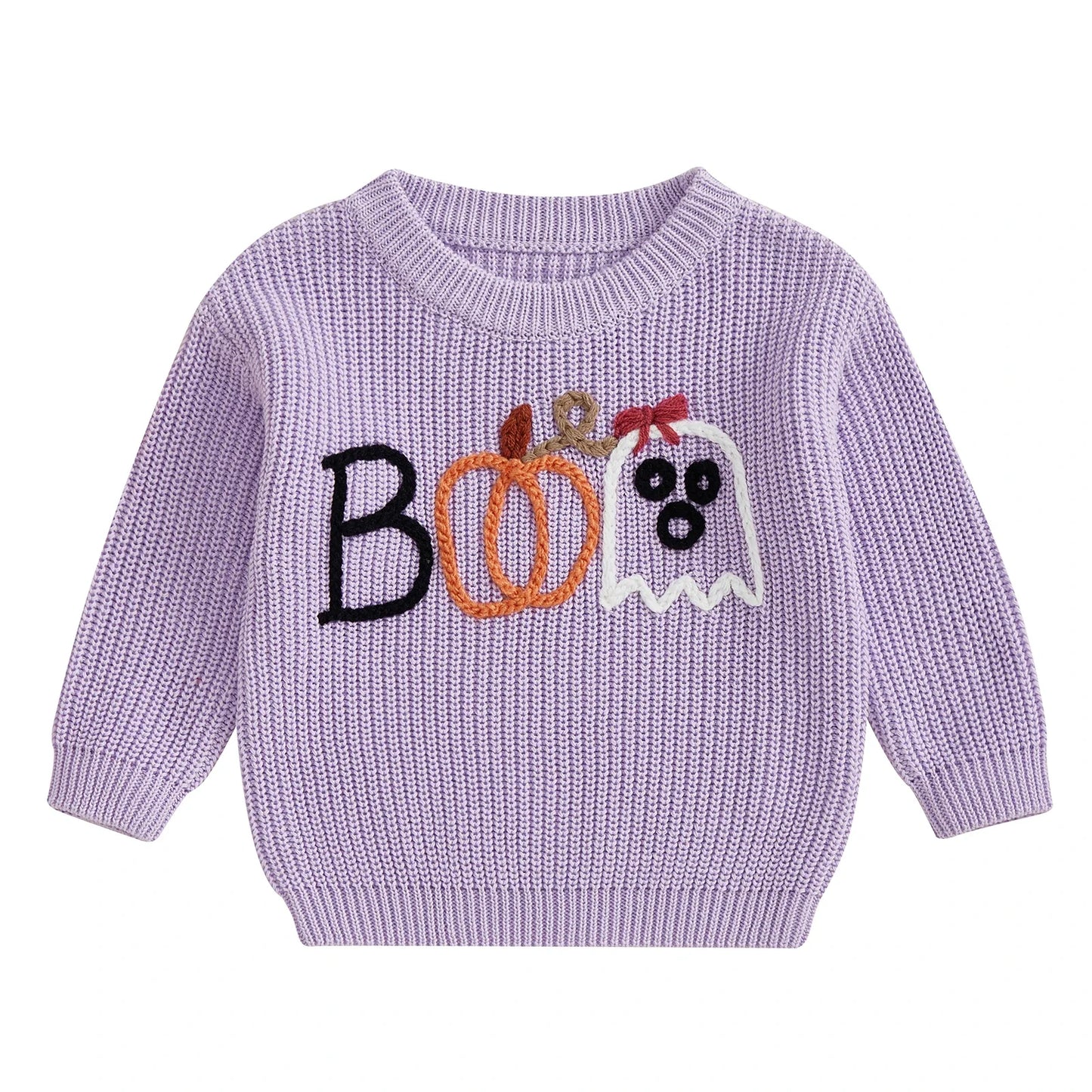 Baby Toddler Boys Girls Halloween Sweater Embroidery Boo Ribbed Crew Neck Long Sleeve Knitted Top for Fall
