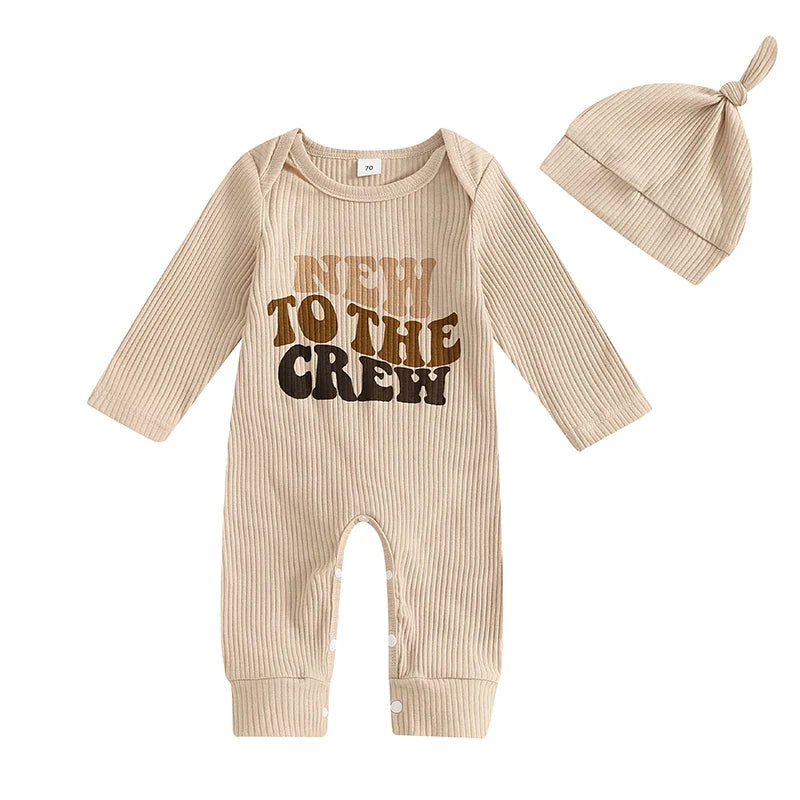 Baby Girl Boy 2Pcs New To The Crew Fall Romper Letter Ribbed Long Sleeve Full Length Jumpsuit Hat Clothes Outfit Set