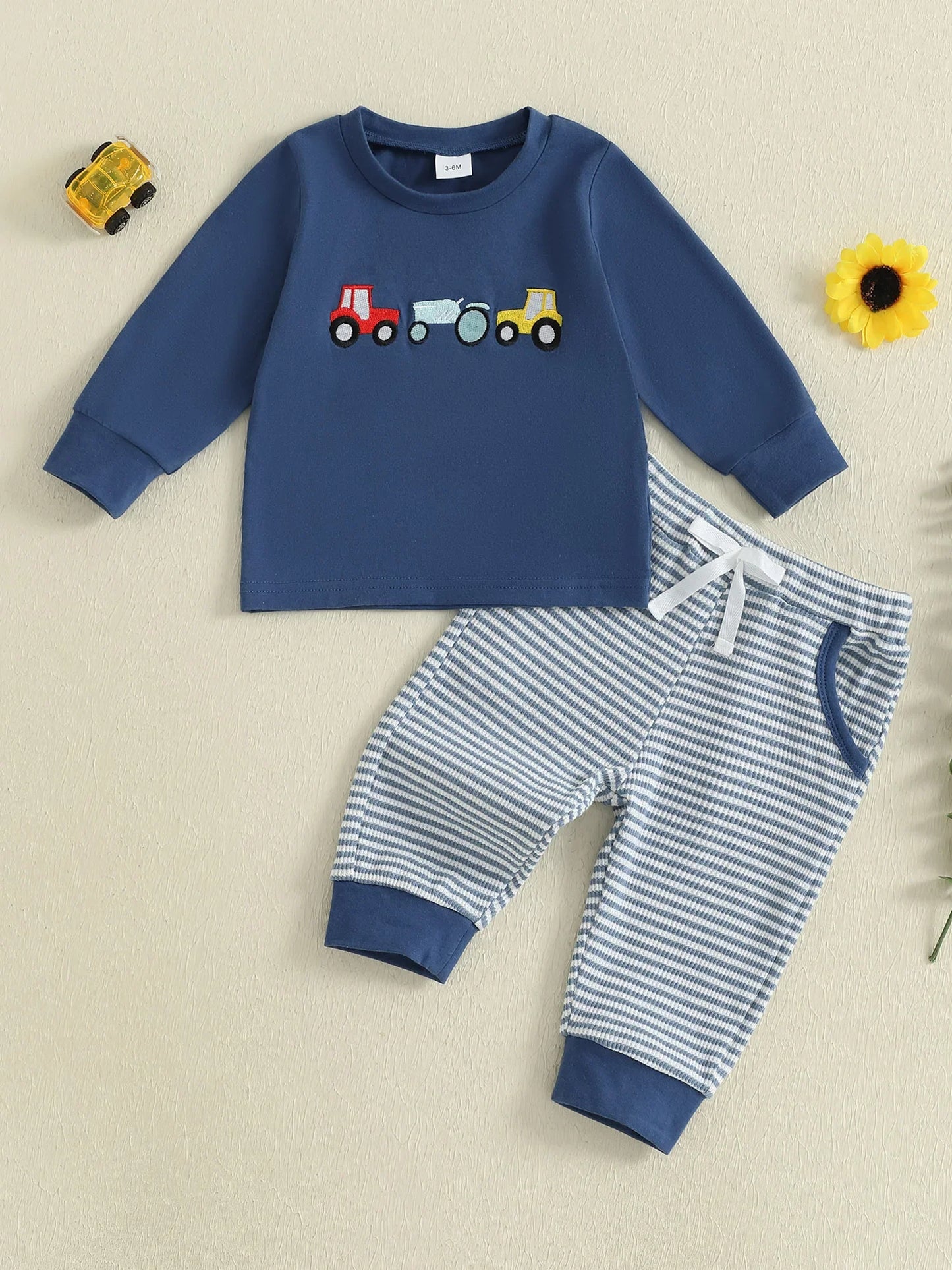 Baby Toddler Boys 2Pcs Outfit Car Embroidery Long Sleeve Top and Stripe Long Pants Clothes Set