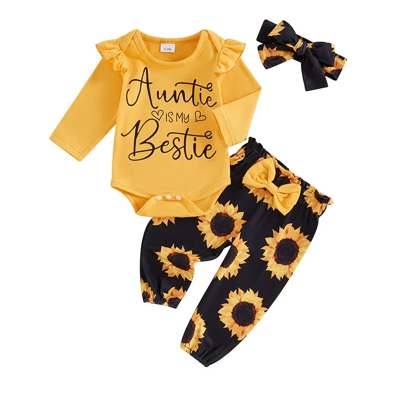 Baby Girls 3Pcs Auntie Is My Bestie Outfit Letter Print Long Sleeve Romper and Elastic Waist Sunflower Print Pants Headband Set