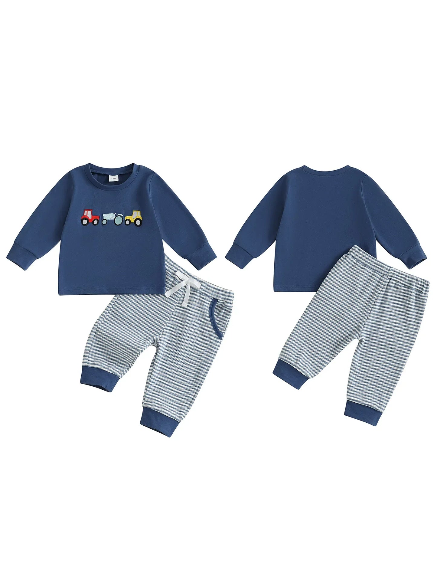 Baby Toddler Boys 2Pcs Outfit Car Embroidery Long Sleeve Top and Stripe Long Pants Clothes Set