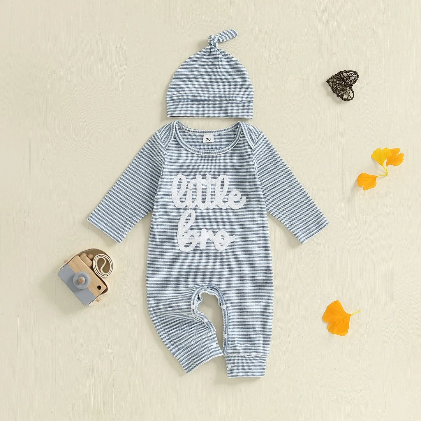 Baby Boys Autumn Striped Jumpsuit Long Sleeve Crewneck Letter Embroidery Romper with Hat