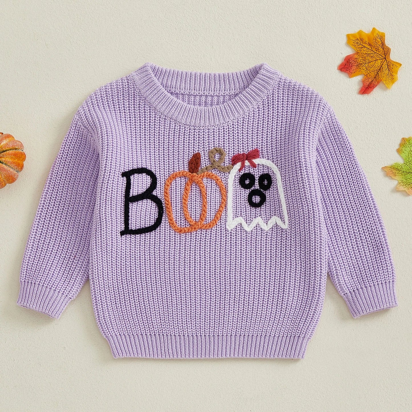Baby Toddler Boys Girls Halloween Sweater Embroidery Boo Ribbed Crew Neck Long Sleeve Knitted Top for Fall