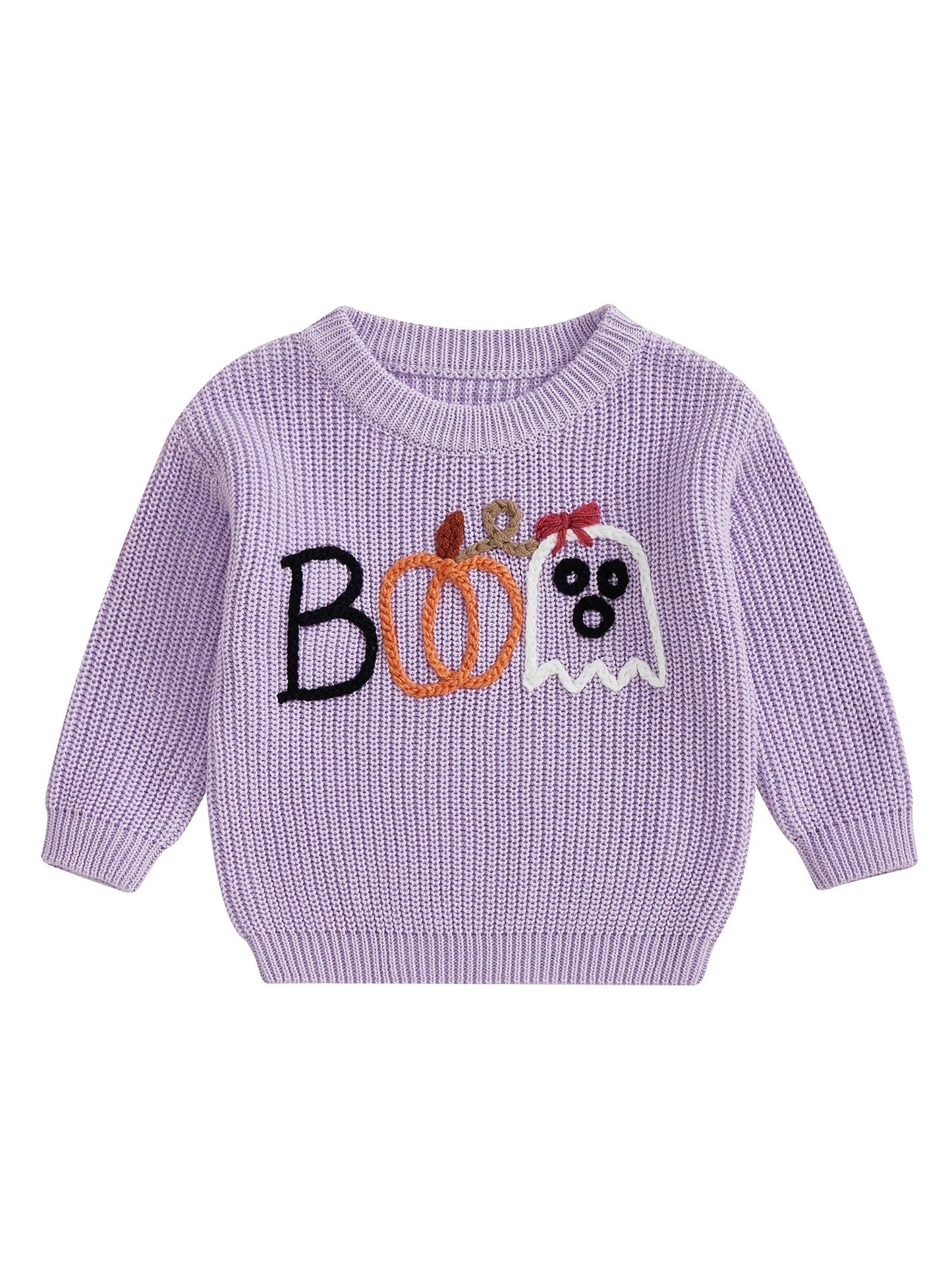 Baby Toddler Boys Girls Halloween Sweater Embroidery Boo Ribbed Crew Neck Long Sleeve Knitted Top for Fall