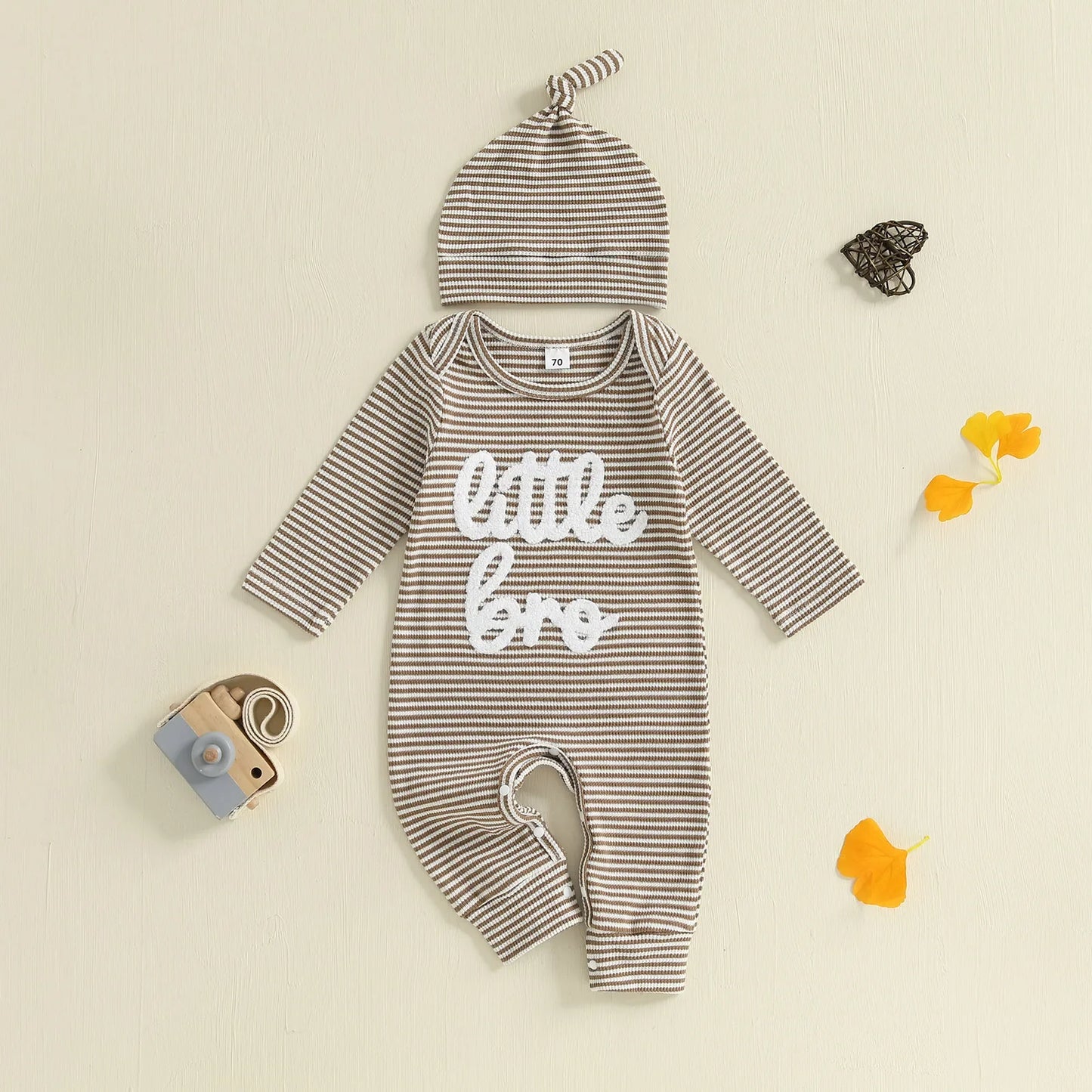 Baby Boys Autumn Striped Jumpsuit Long Sleeve Crewneck Letter Embroidery Romper with Hat