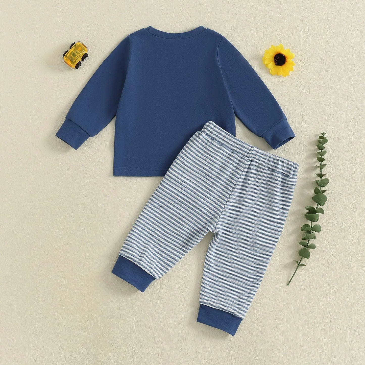 Baby Toddler Boys 2Pcs Outfit Car Embroidery Long Sleeve Top and Stripe Long Pants Clothes Set