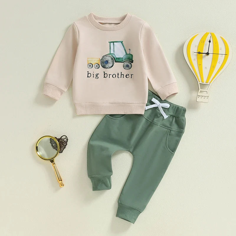 Baby Toddler Boys 2Pcs Big / Little Brother Matching Siblings Autumn Outfit Long Sleeve O Neck Letter Tractor Print Top Solid Color Pants Set