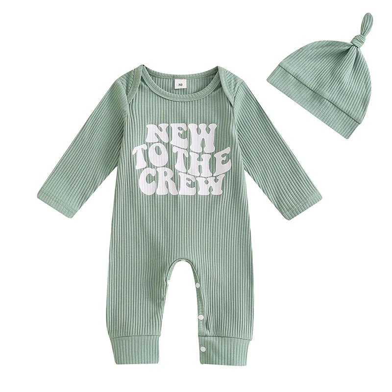 Baby Girl Boy 2Pcs New To The Crew Fall Romper Letter Ribbed Long Sleeve Full Length Jumpsuit Hat Clothes Outfit Set
