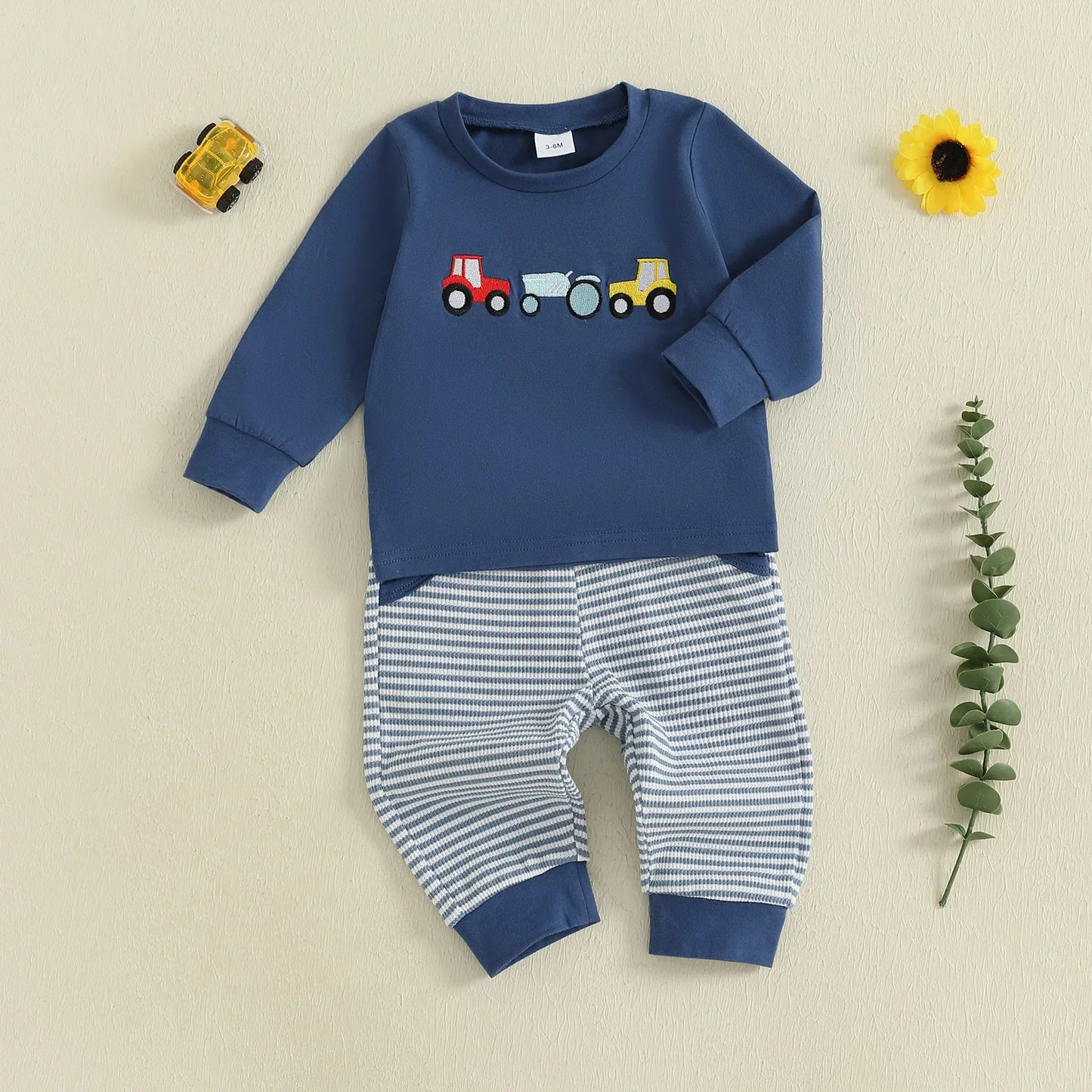 Baby Toddler Boys 2Pcs Outfit Car Embroidery Long Sleeve Top and Stripe Long Pants Clothes Set