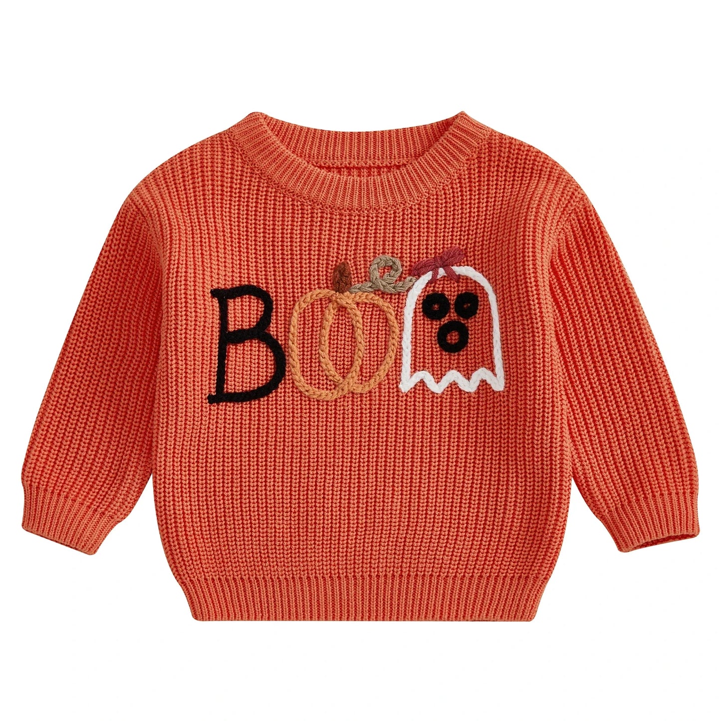 Baby Toddler Boys Girls Halloween Sweater Embroidery Boo Ribbed Crew Neck Long Sleeve Knitted Top for Fall