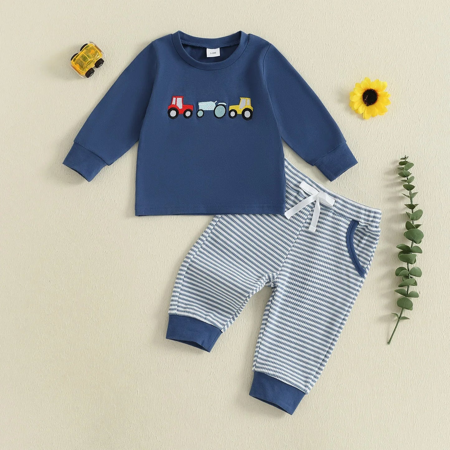 Baby Toddler Boys 2Pcs Outfit Car Embroidery Long Sleeve Top and Stripe Long Pants Clothes Set