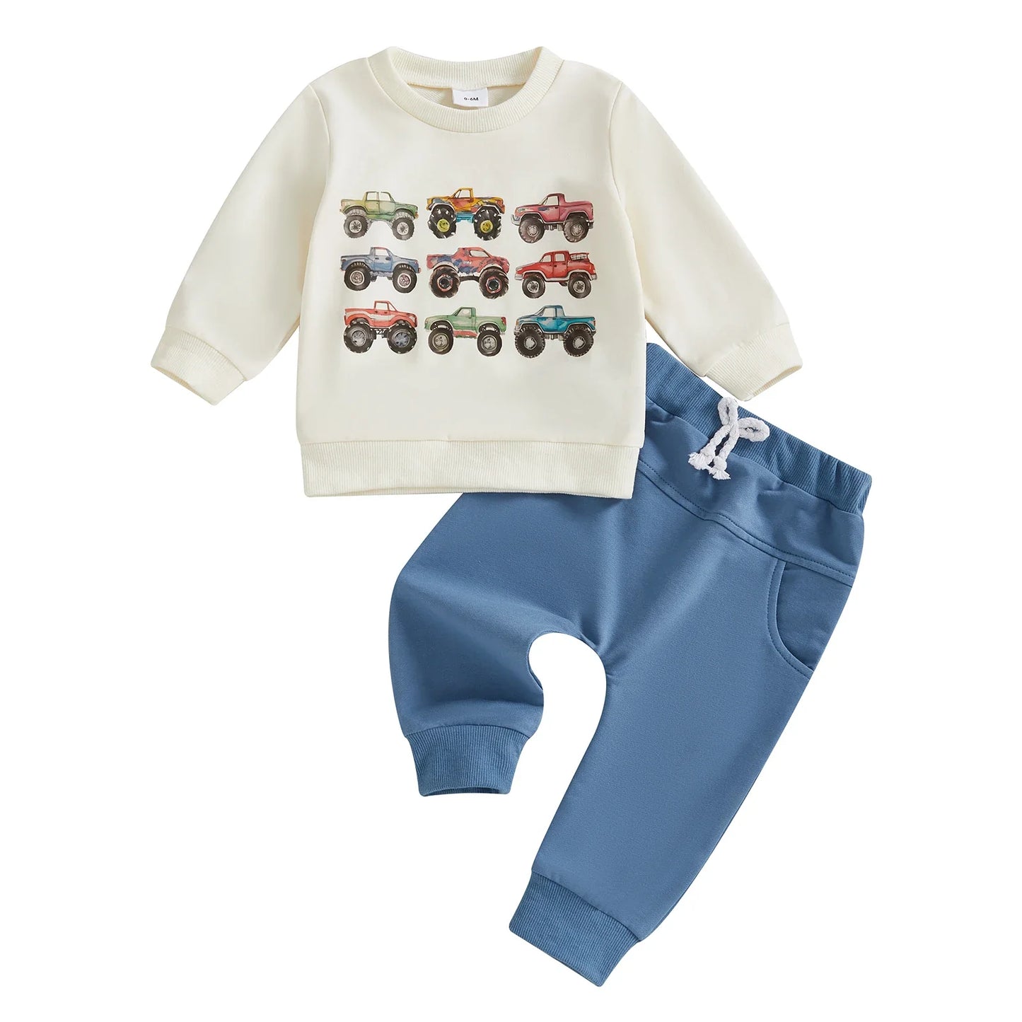 Toddler Boys Fall Outfits Retro Truck Print Long Sleeve Sweatshirts and Long Pants 2Pcs Clothes Set