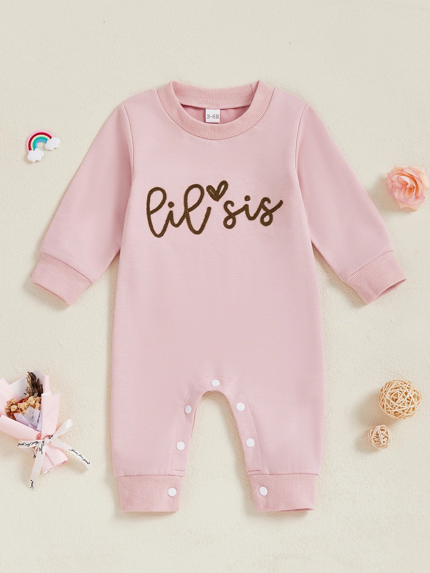 Baby Girl Lil Sis Romper Heart Letter Print Crewneck Long Sleeve Bodysuit Cute Winter Fall Clothes