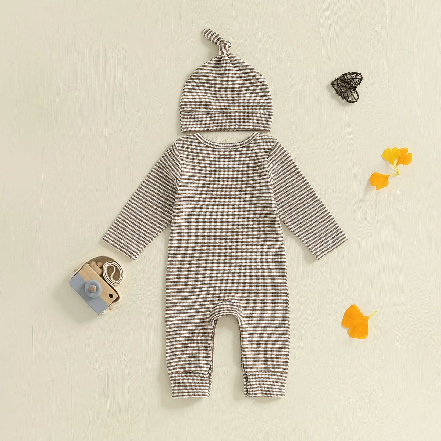 Baby Boys Autumn Striped Jumpsuit Long Sleeve Crewneck Letter Embroidery Romper with Hat