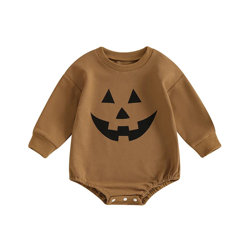 Baby Girls Boys Halloween Romper Casual Pumpkin Jack O Lantern Face Print Round Neck Long Sleeve Jumpsuit