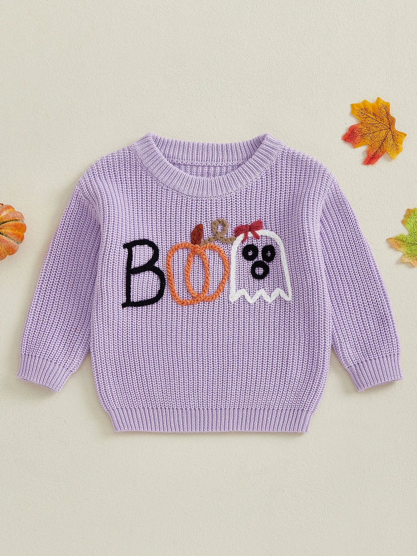 Baby Toddler Boys Girls Halloween Sweater Embroidery Boo Ribbed Crew Neck Long Sleeve Knitted Top for Fall