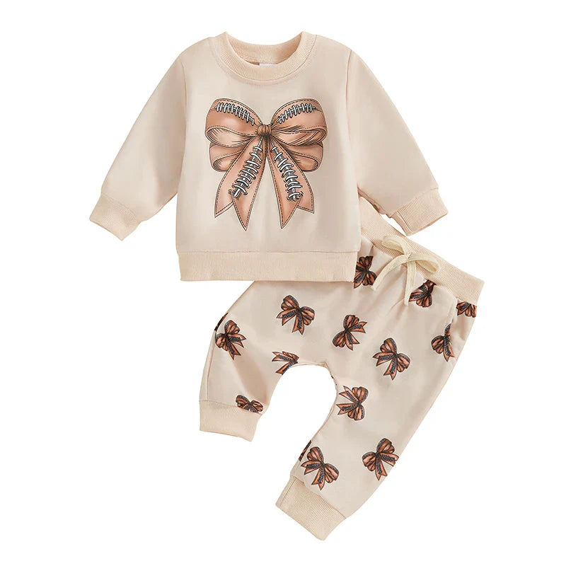 Baby Toddler Girls 2Pcs Fall Outfit Football / Baseball Bow Print Long Sleeve Crewneck Top and Elastic Pants Jogger Set